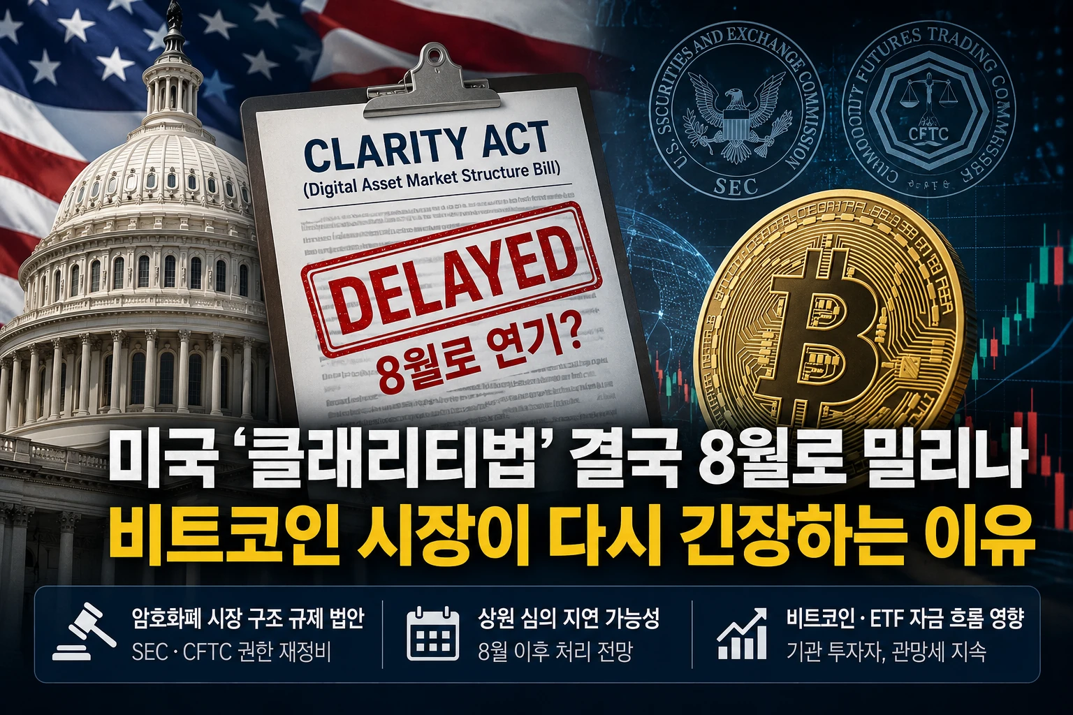 미국 ‘클래리티법’ 결국 8월로 밀리나…비트코인 시장이 다시 긴장하는 이유